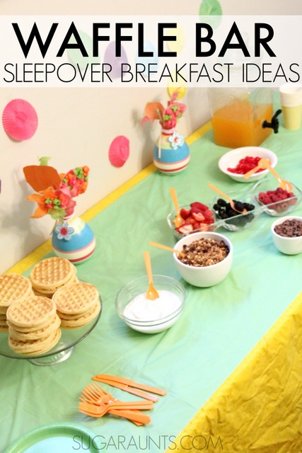 Set up a waffle bar for a special sleepover breakfast.  Easy and self-serve breakfast ideas!