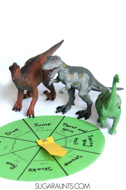 Dinosaur gross motor movement game based on the book, Dinosaurumpus!