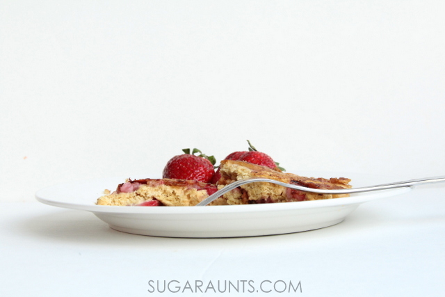 Strawberry whole wheat milk-free, egg-free pancake recipe.  This is great for cooking with kids!