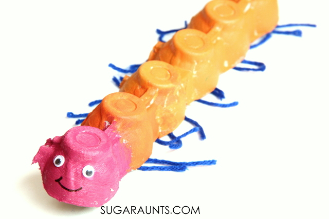 Caterpillar craft made from a recycled egg carton. Use this for math concepts for preschool through grade school kids.
