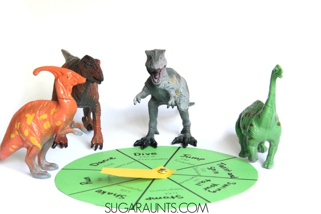 Dinosaur movement game for kids. This gross motor game is based on Dinosaurumpus the book and is a great activity for auditory and visual recall in kids.