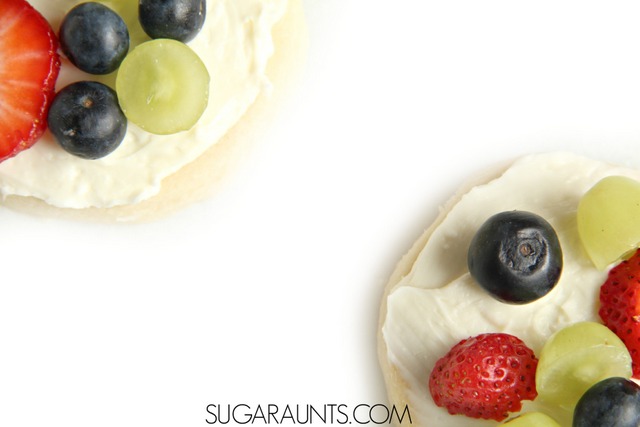 These mini fruit pizzas are fun for the kids to make.  This would make a great activity and snack for school parties or play dates.