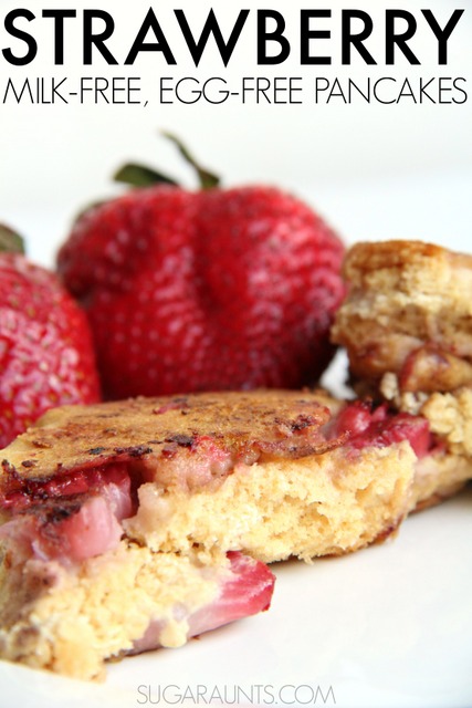 Strawberry whole wheat milk-free, egg-free pancake recipe.  This is great for cooking with kids!