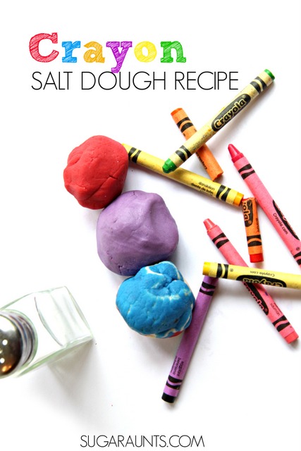 How do you make colored salt dough? Use melted crayons for the brightest and softed sensory play dough salt dough recipe there is! Kids will love to use this colored salt dough to make ornaments, manipulatives, and creative play items, all with crayon salt dough! 