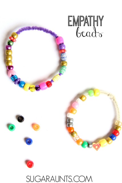 Use empathy beads and make an empathy bracelet to teach kids empathy. Its one of many empathy activities to show respect and awareness of other's feelings.  This busy bag activity is based on the book, Quick as a Cricket.