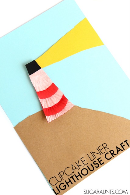 Cute lighthouse craft using cupcake liners! This is a fun craft to make with the kids before going on vacation this summer.