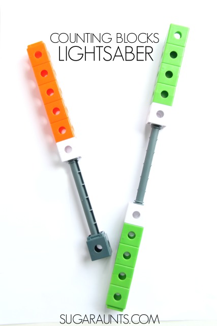 Build a lightsaber using counting blocks or cubes to encourage math through play with your Star Wars fan!