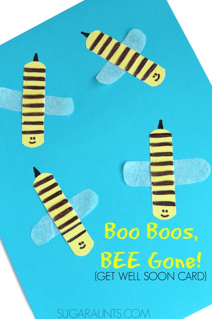 Boo Boos BEE Gone get well soon card made by kids.  Friends and relatives will love receiving this card when they are sick or injured!