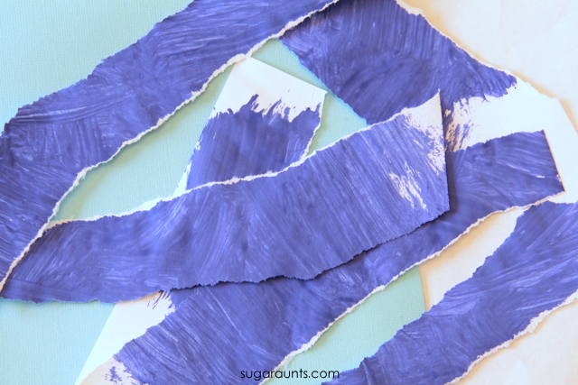 Tear paper into strips to work on fine motor skills with kids.