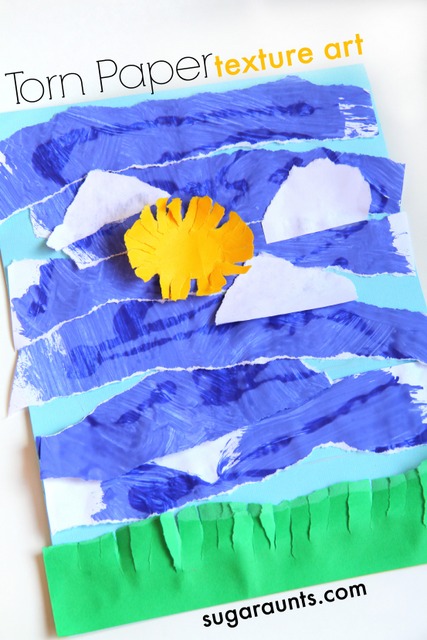 This torn paper art is a paper tearing activity for kids that uses recycled artwork to build fine motor skills and motor control while tearing paper.