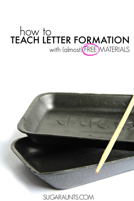Work on handwriting and letter formation with a tripod grasp and hand strengthening with this activity.  A foam tray and a chop stick make a great handwriting activity for kids working on writing their name and letters.