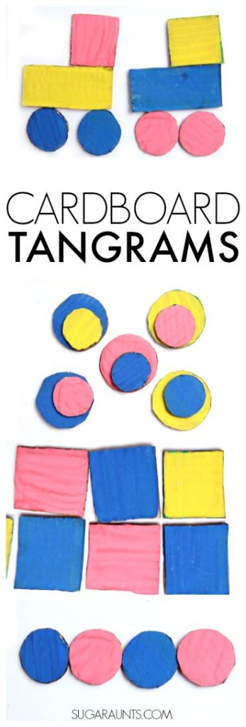Make cardboard tangrams and work on visual memory, visual form discrimination, and more visual perceptual skills in kindergarten and first grade kids.  Shape identification, colors, copying, patterns and more