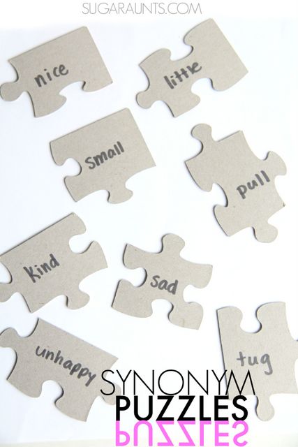 Use a puzzle with missing pieces to practice synonym matching and rhyming word matching  with Kindergarten and First Grade aged kids.