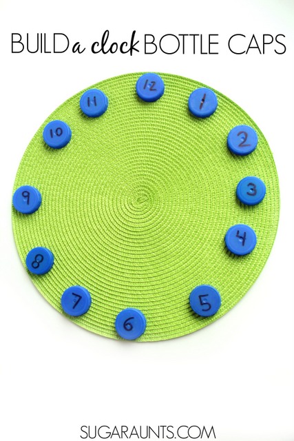 Teach kids how to tell time with hands on learning in this first grade or second grade time telling activity using recycled bottle caps.  Build a clock and practice telling time!