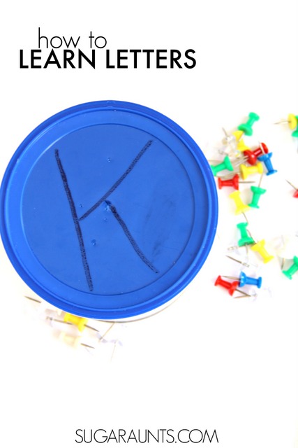 Teach kids how to make letters and the correct letter formation in handwriting using a recycled can and push pins.  You can make letters over and over again using a dry erase pen!  