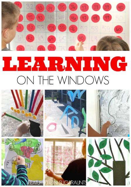 Learning math, literacy, spelling words, handwriting, colors, shapes on a vertical surface with windows and glass doors.