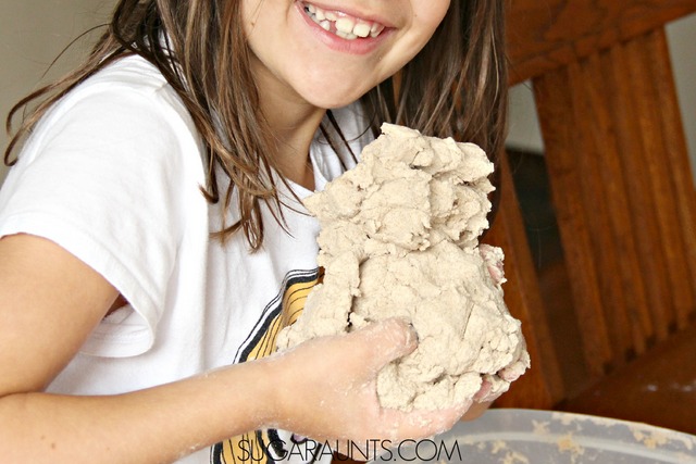 Make this easy 3 ingredient Kinetic Sand recipe and use in play and learning at home activities, including math with preschool and grade school kids.