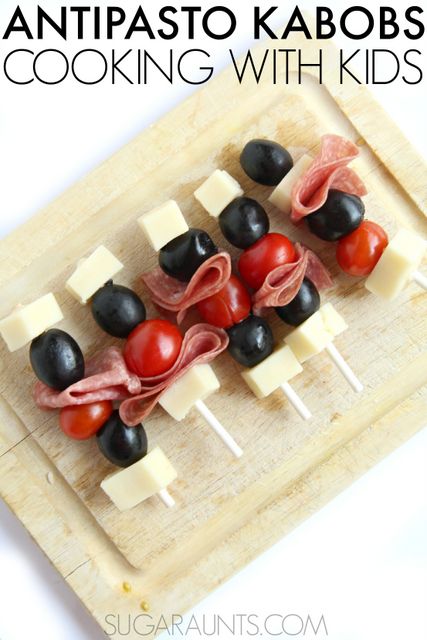 This Antipasta Skewer Kabab recipe is kid-friendly with it's lollipop stick skewers!  What a great idea for lunches or after-school snacks.  Part of the Cooking With Kids A-Z series.