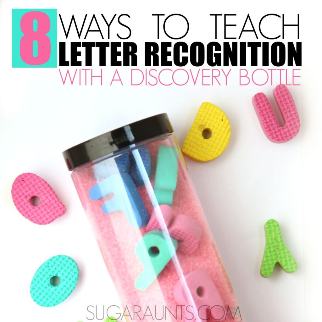 Alphabet letter recognition discovery bottle for preschool and kindergarten aged kids. This discovery bottle is fun for creative learning and sensory play with letter identification and recognition in kids.