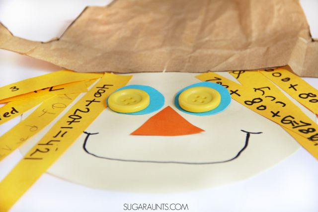 Make this Scarecrow craft this Fall and practice math facts and addition or subtraction.  This is perfect for second grade math or any preschool or elementary age student, and a fantastic scissor skill exercise for kids.