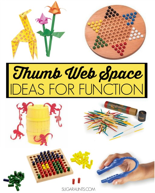 This fine motor activity works on open web space of the thumb and finger in the hand. An open web space is important for fine motor tasks like handwriting and tool use.  Kids will love these ideas to work on an open web space, from an Occupational Therapist.