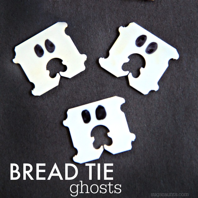 Ghost sensory bin with cute bread tie ghost craft.  Lots of sensory bin tips and tools in this post, from an Occupational Therapist, including why sensory bins are so great for kids with and without sensory issues!