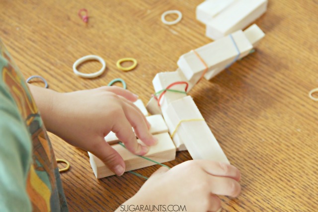 Hand strengthening activity for kids to play and create buildings with a asimple, no-prep activity. This is perfect for a busy bag activity for kids to do while waiting at restaurants or other places.  Also tips and ideas to work on intrinsic hand strengthening in kids, from an Occupational Therapist.