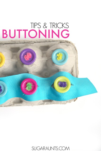 Buttoning activities and tips to teach kids to button and unbutton a shirt.
