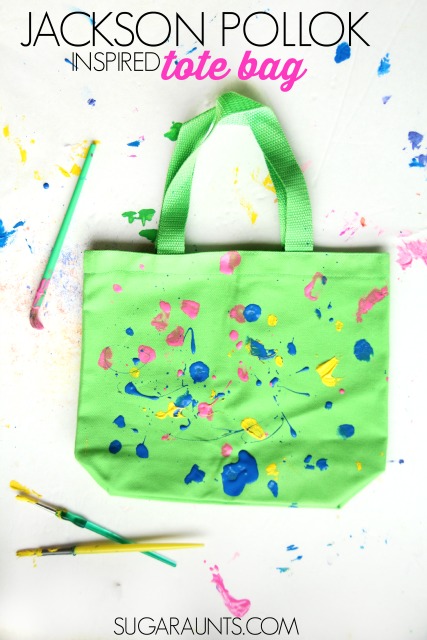 Jackson Pollock inspired tote bag art for second graders (or any age!) that wants to explore Pollock's use of movement, balance, and control in his painting technique.  Create a unique and creative art project, too!