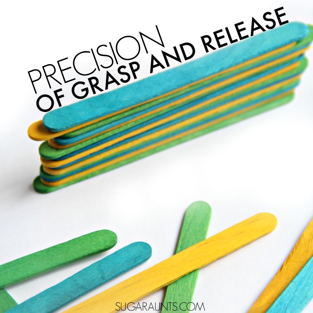 Easy precision in grasp, release, and rotation in fine motor skills for kids.  Precision is so important in dexterity in many skills like handwriting, cutting with scissors, and everything done with the hands!