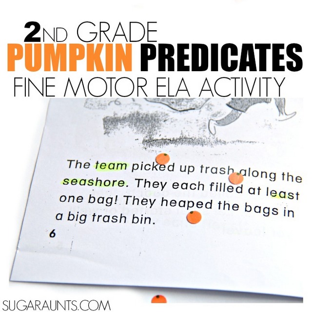 Pumpkin Predicate and Noun activity for second grade English Language Arts.  Kids will love to identify the pumpkin predicate with these cute DIY pumpkin stickers!