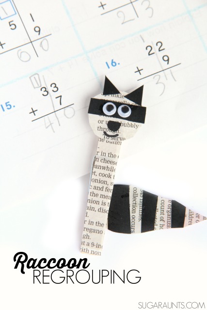 Manualidad de mapache con pinza de ropa para usar en matemáticas de segundo grado: ¡este mapache reagrupador ayudará a reagrupar problemas matemáticos de suma de dos dígitos!  