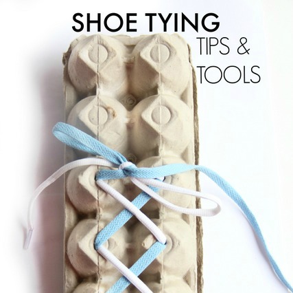 She tying activity with an egg carton and shoe tying tips