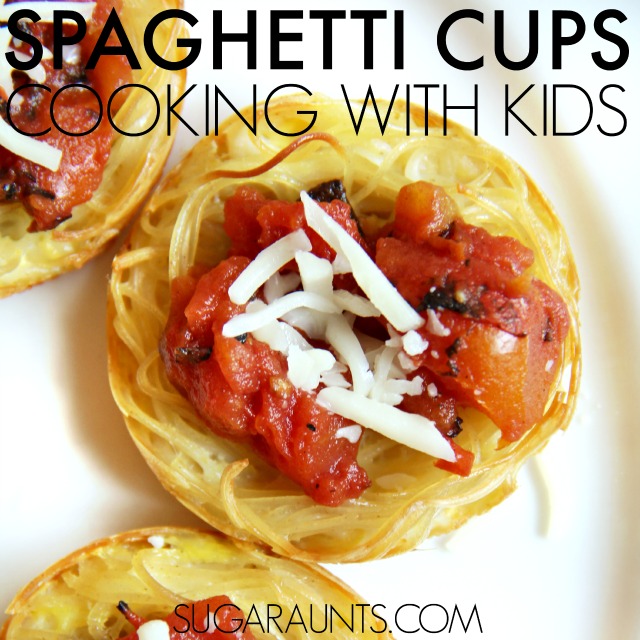 Spaghetti Cups Recipe Cooking with Kids recipe that kids will love! Load these spaghetti cups with vegetables for a creative snack, appetizer, or main dish that uses leftover pasta or cooked spaghetti.  This is a unique and fresh muffin tin recipe for families that can be filled with your kids' tastes!