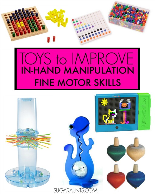 Toys and tools for working on in-hand manipulation skills in kids, perfect for handwriting, pencil use, buttoning, scissor use, zippering, and more from an Occupational Therapist.