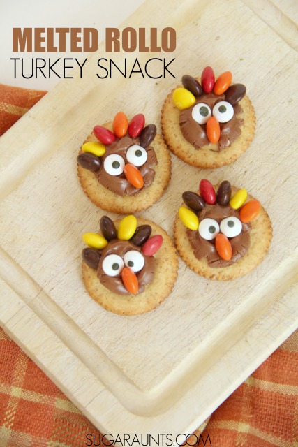 Turkey treat snacks for kids this Thanksgiving. Make these for after school, parties, play dates, and Thanksgiving dessert this Fall! Melted Rollos on a salty cracker are such a good crispy, sweet, and salty combination!