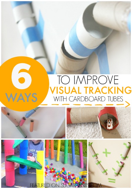 Visual Tracking activity using cardboard tubes for recycled creative play and therapy ideas.  Use this in Occupational Therapy for working on reading and writing as well as other functional skills.