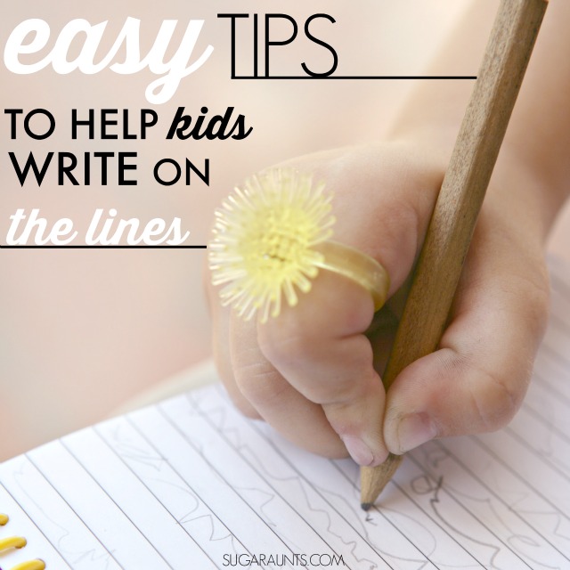 Tips for helping kids to write on the lines in handwriting problems. Ideas to help kids with sloppy handwriting from an Occupational Therapist.