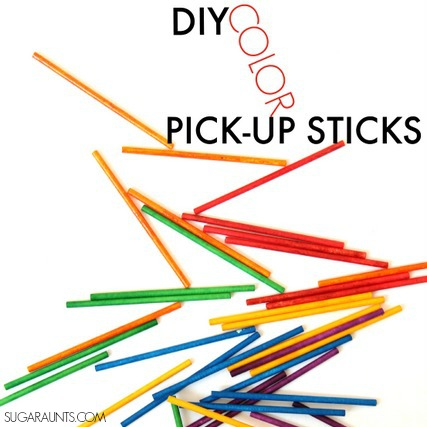 Make your own pick-up sticks with this DIY toy idea for kids.  There is so much leaning and developmental areas that you can work on with this simple idea: fine motor, dexterity, hand-eye coordination, open web space, precision of grasp and release, visual perceptual skills, and so many more ways!  Your Occupational Therapist will love this!