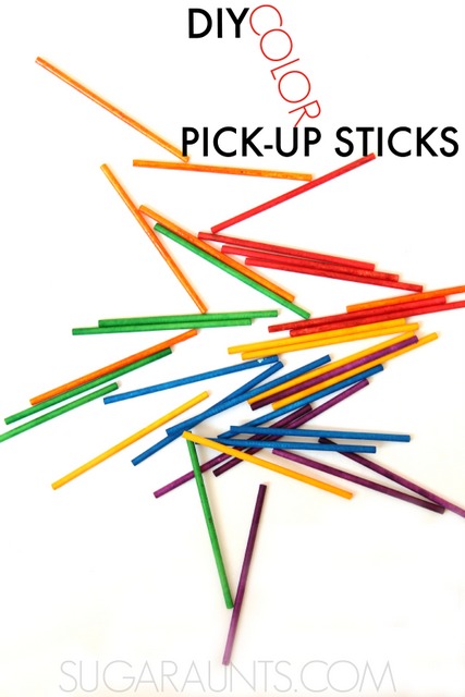 DIY pick up sticks for kids (and adults!) You can make these any color and using items you probably already have at home, while working on fine motor skills like open web space, pincer grasp, precision grasp and release, in-hand manipulation, and visual perceptual motor skills like eye-hand coordination, visual motor, visual scanning, and visual memory.