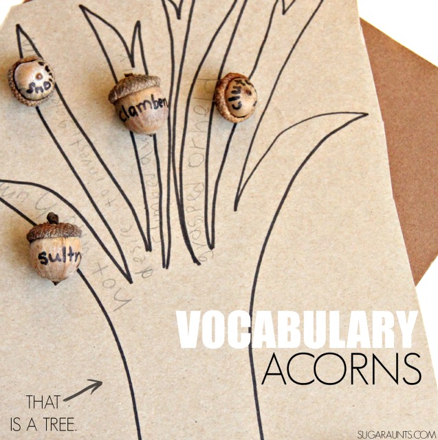 Vocabulary acorns on a cardboard tree