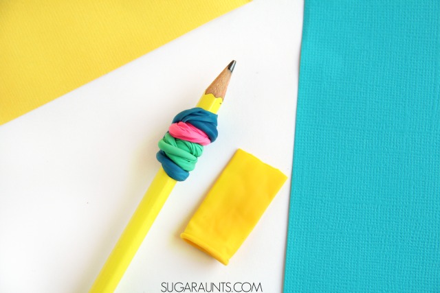 Make a DIY Pencil Gripper with balloons to encourage a tripod grasp and proprioceptive input during handwriting.