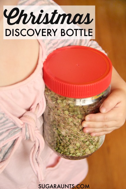 Kids can calm their feeling of holiday overwhelm by relaxing with a Christmas themed sensory discovery bottle, while looking for shapes in their environment. Great learning tool for preschoolers!