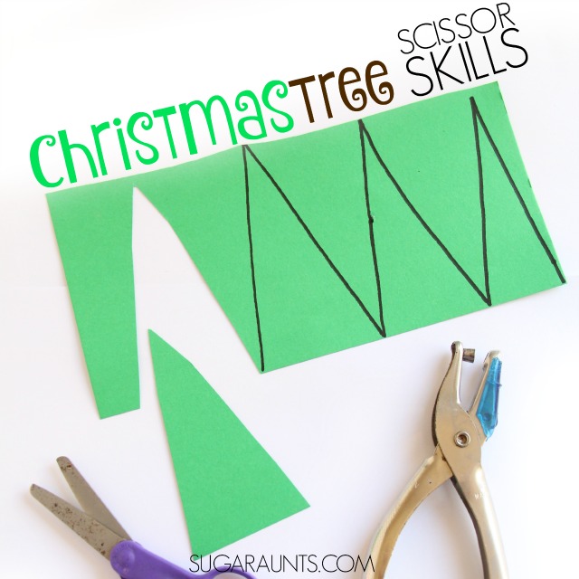 Christmas Tree Scissor skills craft for kids this holiday season, perfect for preschool parties or play dates while working on Occupational Therapy goals like cutting on lines. 