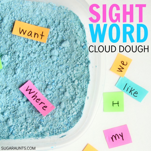 Sight word sensory bin with cloud dough made with baby oil and baby powder