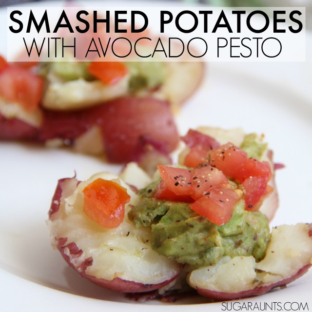 Vegan smashed potatoes with avocado pesto.  Pesto is made with almonds instead of pine nuts.  Cooking with Kids recipe that kids can cook and try new foods!