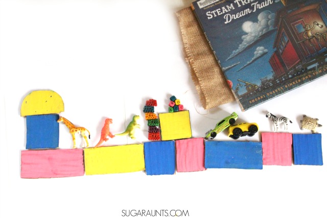 Steam Train Dream Train book and busy bag activity. This is a great idea for preschoolers and beginner readers who need to wait at a restaurant or doctors office!  Make this busy bag to go along with the book and inspire creative and imagination play and learning as kids re-tell the story through play. 
