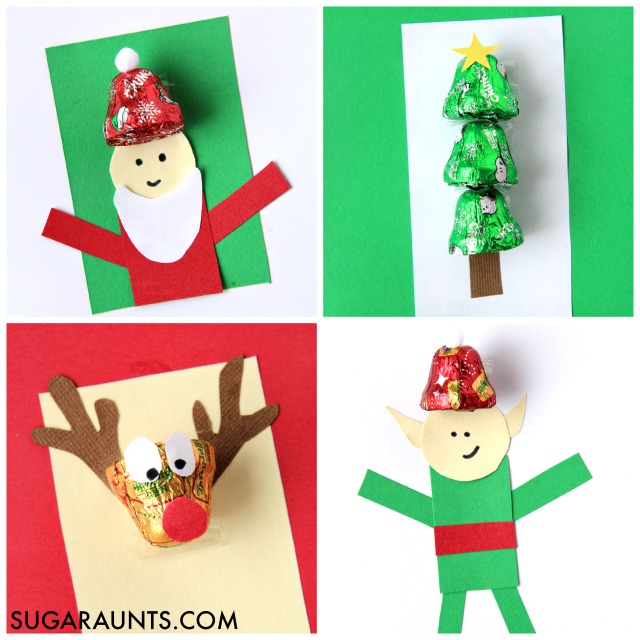 Las tarjetas navideñas hechas a mano con caramelos de chocolate son divertidas y creativas. ¡Los niños pueden hacerlas en una fiesta navideña de creación de tarjetas!