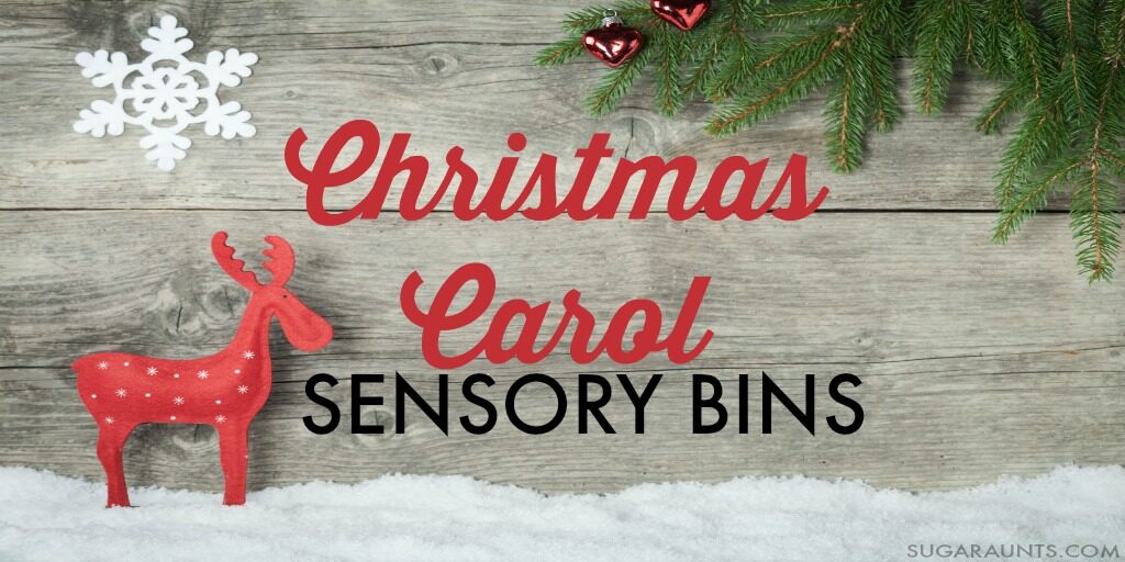 Christmas Carol sensory bin ideas for play and learning along to popular Christmas carols.  Perfect for kids and family sensory play or even Advent activities.