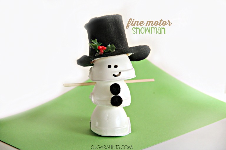 Make this egg carton snowman craft and work on fine motor skills like tripod grasp, intrinsic hand strength with arch development, and an open web space with the kids this year.